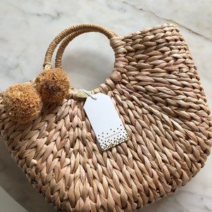 2Chic Corn Husk Basket Bag with Pom Poms, NWT